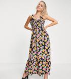 Asos Design Petite Tie Strap Shirred Bust Maxi Dress In Black Bright Floral Print-multi