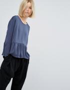 Moss Copenhagen Silky Long Sleeve Top With Ruffle Hem - Blue