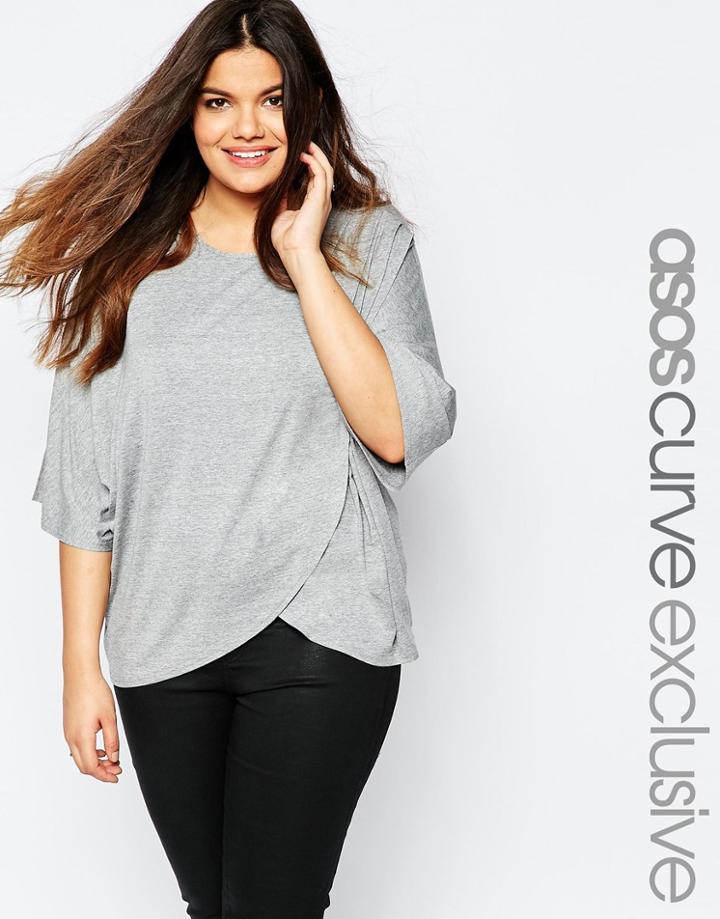 Asos Curve Jersey Top With Drape Wrap Front - Gray Marl