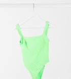 Asos Design Petite Deep Rib Square Neck Swimsuit In Green