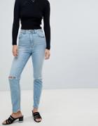 Asos Design Farleigh High Waist Slim Mom Jeans In Light Stonewash Blue With Ripped Knees - Blue