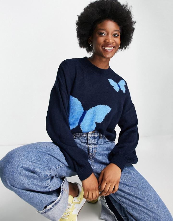 Asos Design Cropped Sweater With Butterflies Pattern-navy