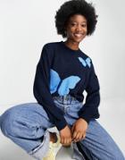 Asos Design Cropped Sweater With Butterflies Pattern-navy