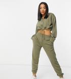Missguided Petite Cropped Hoodie And Sweatpants Set In Khaki-green