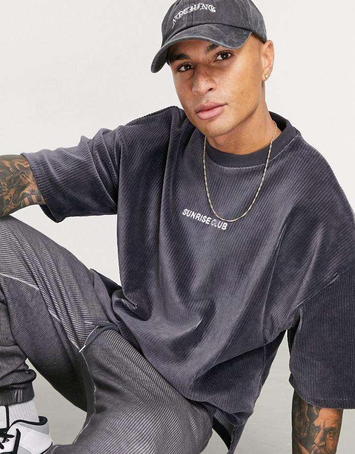 Asos Design Oversized T-shirt In Charcoal Velour Ribbed Velour With Text Embroidery-black
