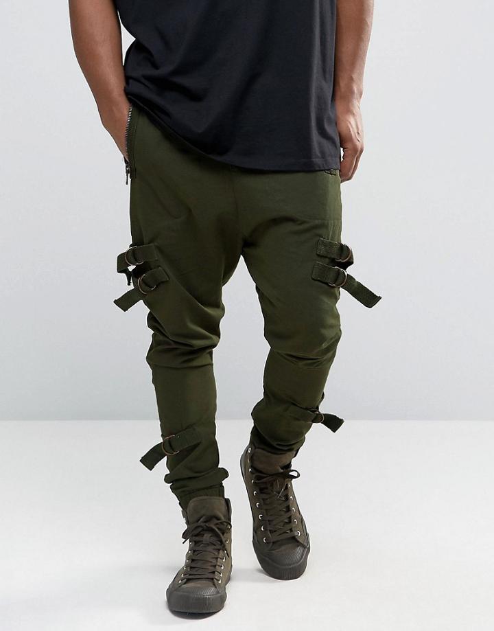 Asos Drop Crotch Joggers With Taping In Dark Khaki - Green