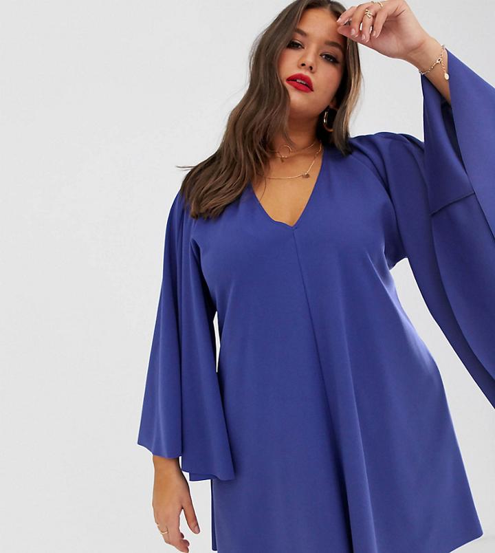 Asos Design Curve Plunge Angel Sleeve Mini Dress - Navy