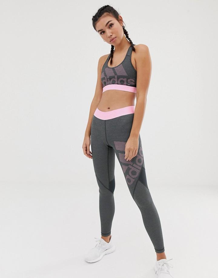 Adidas Training Logo Leggings In Gray And Pink