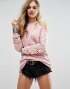Honey Punch Distressed Cold Shoulder Sweatshirt With Choker Neck - Pink