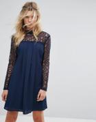 Elise Ryan High Neck Swing Dress With Lace Upper - Navy