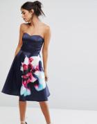 City Goddess Bandeau Skater Dress With Placement Floral Print - Navy