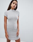 Ax Paris Ribbed Short Sleeve Dress With Curved Hem - Silver