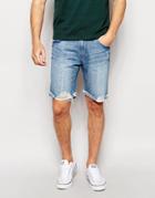 Waven Denim Shorts Straight Fit Quarry Blue Distressed Mid Wash - Quarry Blue