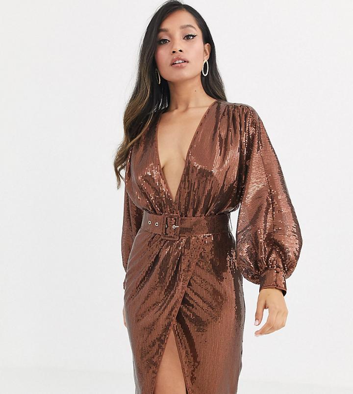 Asos Design Petite Midi Dress With Blouson Sleeve And Belt In Irridescent Sheet Sequin-multi