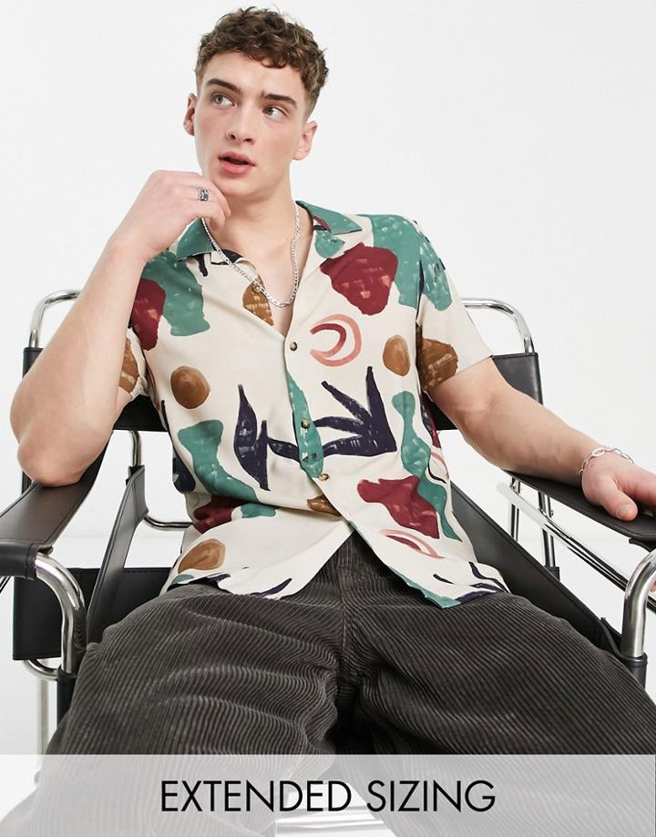 Asos Design Camp Collar Shirt In Sketchy Abstract Print-neutral