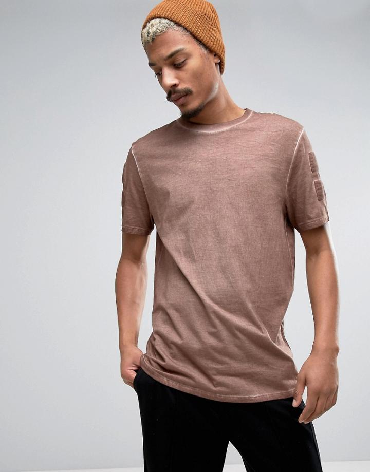 Asos Super Longline T-shirt With Tonal Taping In Brown Wash - Brown