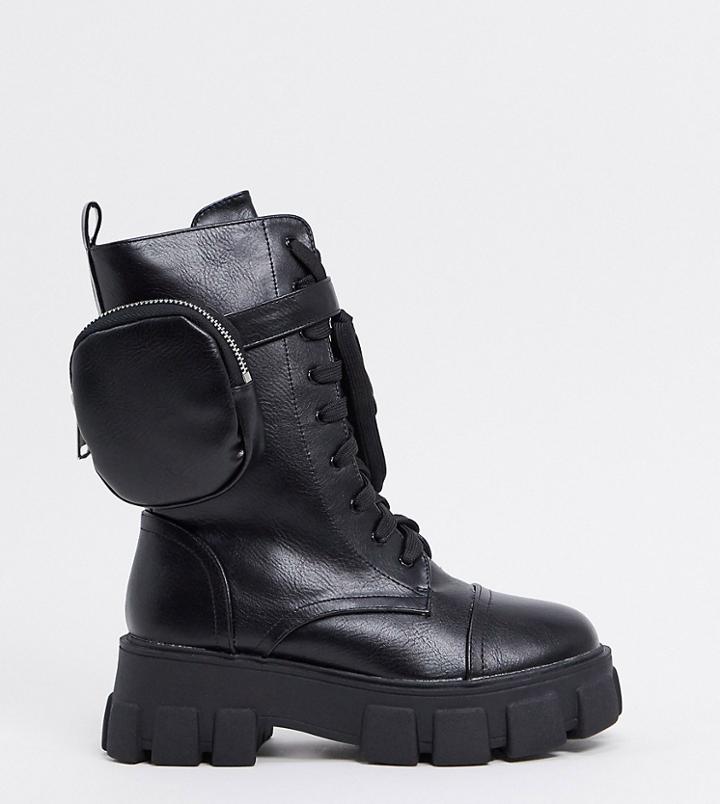 Public Desire Wide Fit Intention Chunky Boot With Pouch In Black