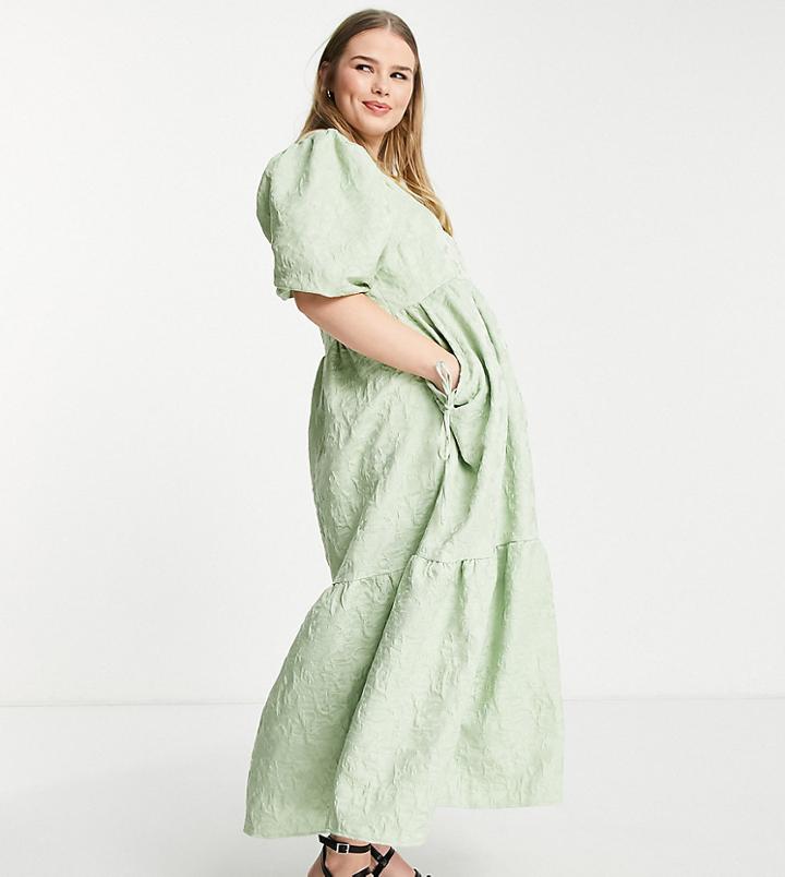Asos Design Curve Jacquard Tiered Midi Dress With Bellow Pockets In Sage-green