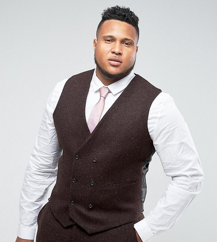 Asos Plus Slim Vest In 100% Wool Harris Tweed Herringbone In Brown - Brown