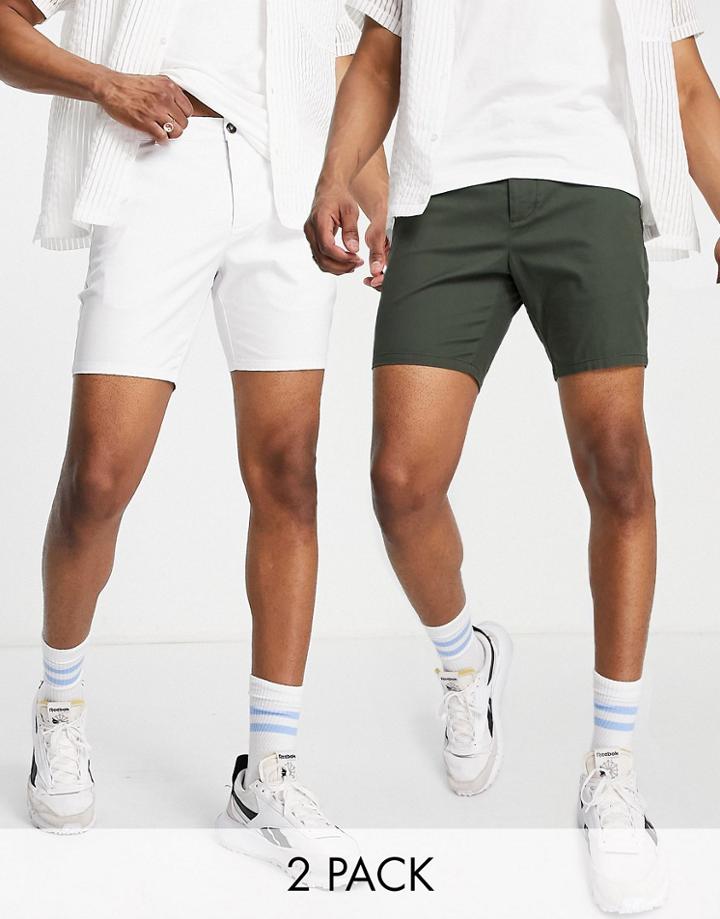 Asos Design 2-pack Skinny Chino Shorts In Dark Green And White - Save-multi