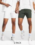 Asos Design 2-pack Skinny Chino Shorts In Dark Green And White - Save-multi