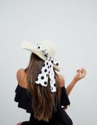 Asos Straw Floppy Hat With Polka Dot Bow Detail And Size Adjuster - Beige