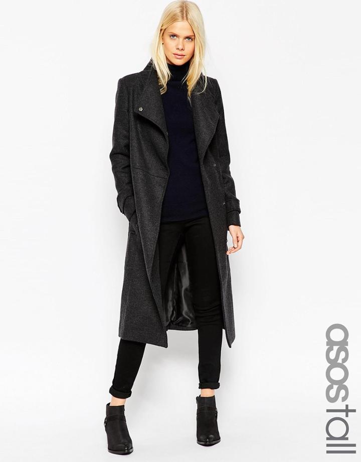 Asos Tall Coat With Funnel Neck And Belt - Camel