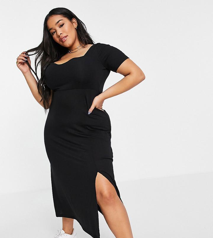 Asos Design Curve Sweetheart Neck Ribbed Maxi Dress In Black