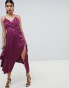 Asos Design Strappy Satin Drape Cami Midi Dress - Purple