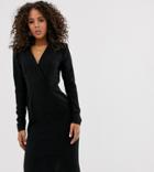 Asos Design Tall Long Sleeve Plunge Wrap Midi Dress-black
