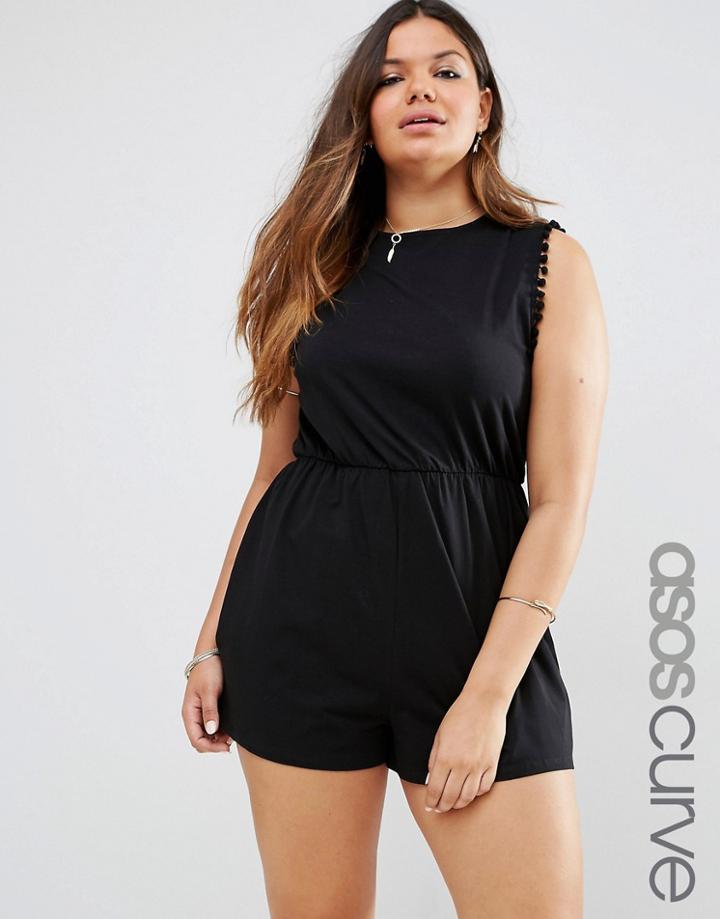 Asos Curve Drop Armhole Romper With Pom Pom Trim - Black
