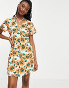 Daisy Street Mini Dress In Sunflower Print-white