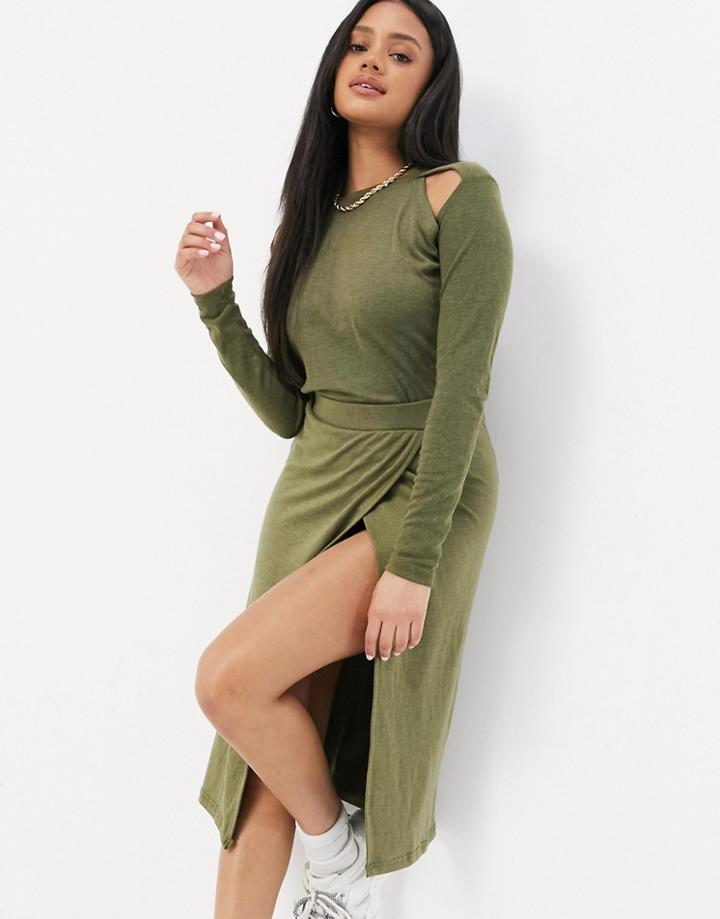 Unique21 Knitted Wrap Midi Skirt In Burnt Khaki-green