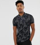 Asos Design Tall Polo With All Over Print And Piping At Collar - Black