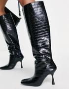 Truffle Collection Pull On Glam Knee Boots In Black Croc