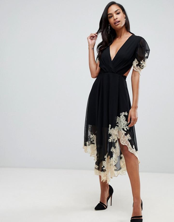 Asos Design Soft Midi Dress With Lace Inserts - Black