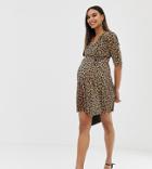 Asos Design Maternity Leopard Print Plisse Mini Dress With Button Detail-multi