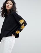 Weekday Palm Print Long Sleeve Top In Black With Palm Print - Black