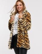 Qed London Faux Fur Coat In Tiger Print