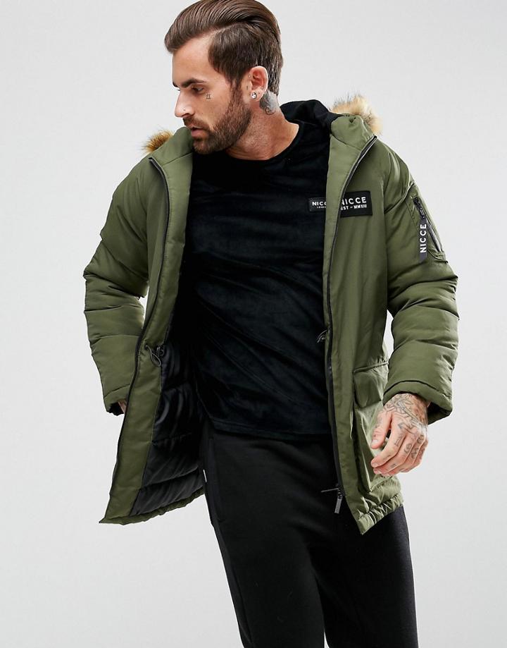 Nicce London Puffer Parka In Khaki With Faux Fur Hood - Green