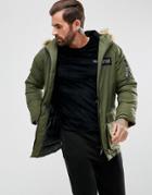Nicce London Puffer Parka In Khaki With Faux Fur Hood - Green