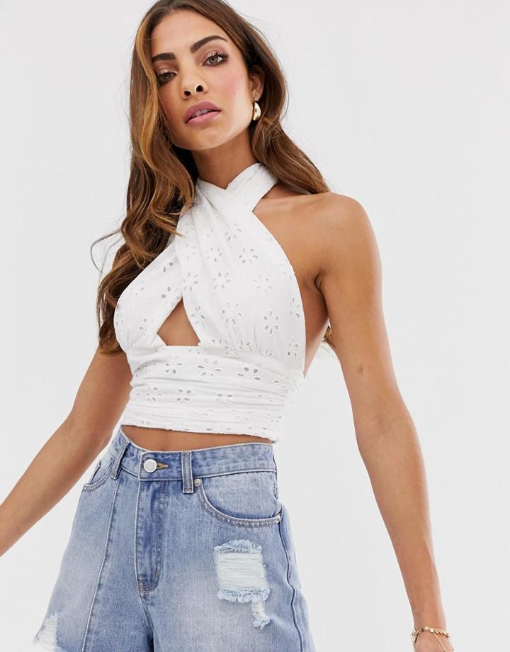 Asos Design Halter Sun Top In Broderie-white