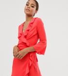 Outrageous Fortune Tall Ruffle Wrap Dress With Fluted Sleeve In Burnt Orange - Orange