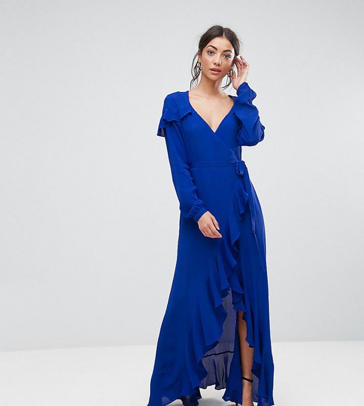 Asos Tall Long Sleeve Wrap Maxi Tea Dress - Blue