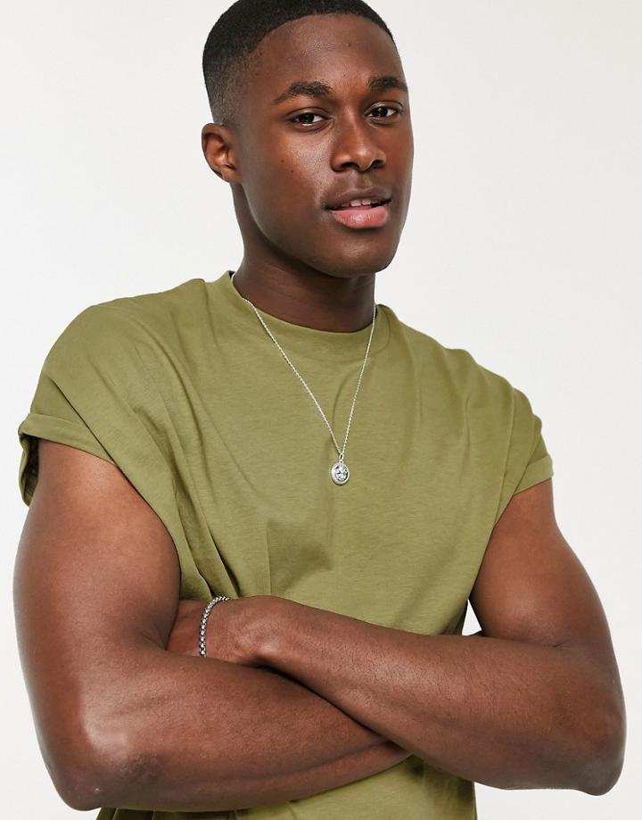 Asos Design Oversized Longline T-shirt With Roll Sleeve In Khaki-green