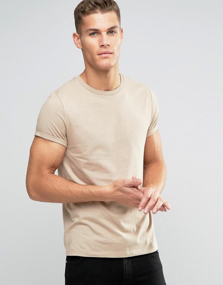 Asos T-shirt With Crew Neck And Roll Sleeve In Beige - Blonde