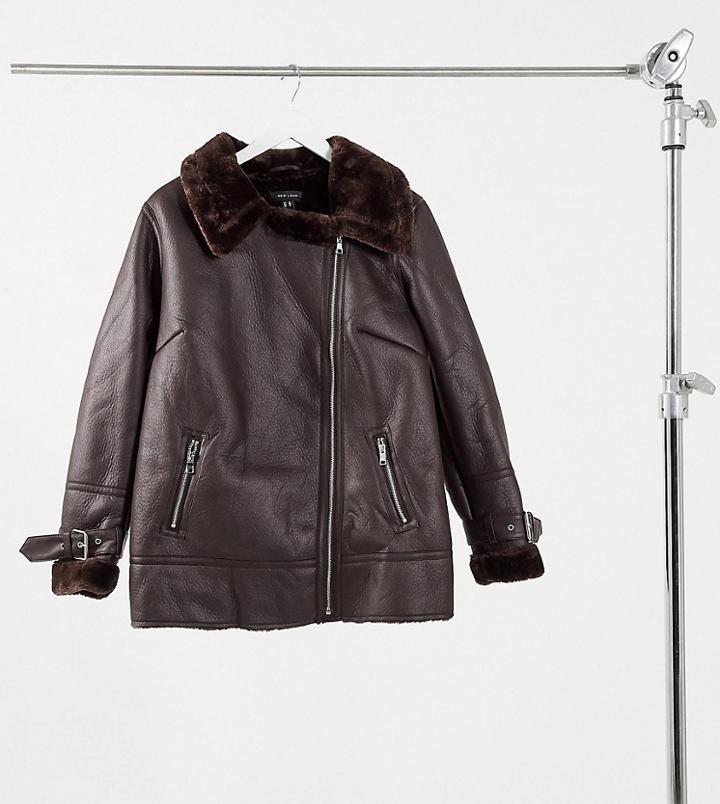 New Look Curve Faux-fur Trim Aviator Jacket In Dark Brown