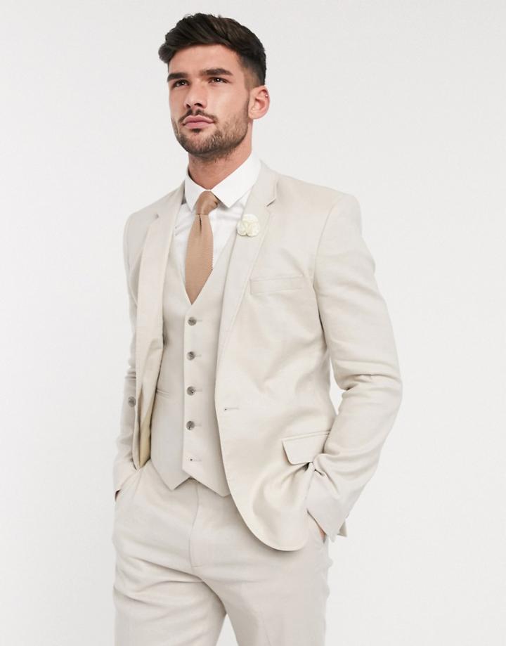 Asos Design Wedding Slim Suit Jacket In Stretch Cotton Linen In Stone-neutral