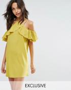 Missguided Ruffle Cold Shoulder Shift Dress - Green