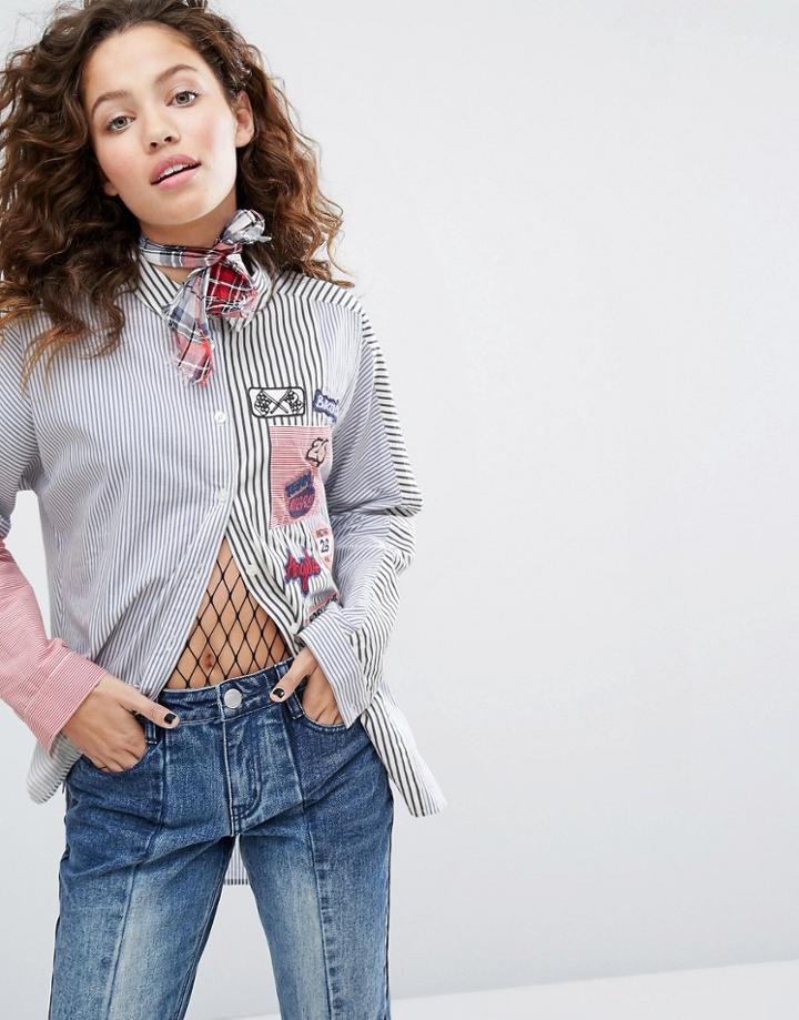 H! By Henry Holland Color Block Shirt With Patches - Blue